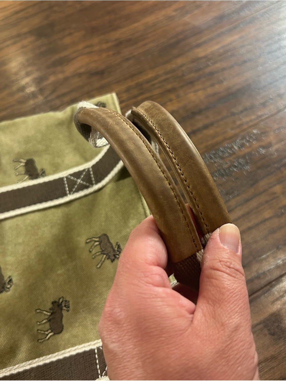 VINTAGE L.L.Bean Canvas Boat & Tote Moose Tan Brown Leather Trim Small Purse Bag - Picture 5 of 14